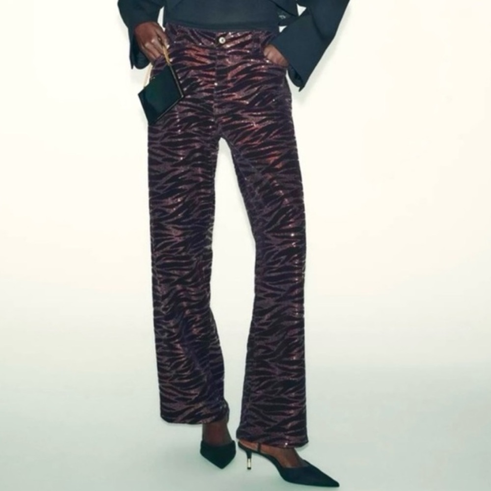 Zara High-Waisted Velvet Sequin Pants
